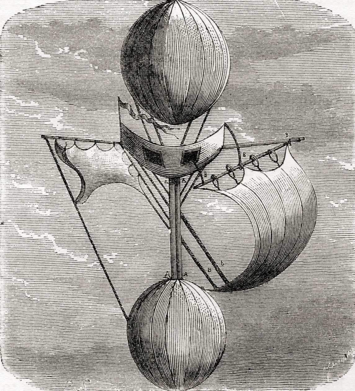 Lanas flygmaskin, från "Wonderful Balloon Ascents or the Conquest of the Skies", av Fulgence Marion, publicerad omkring 1870. av French School