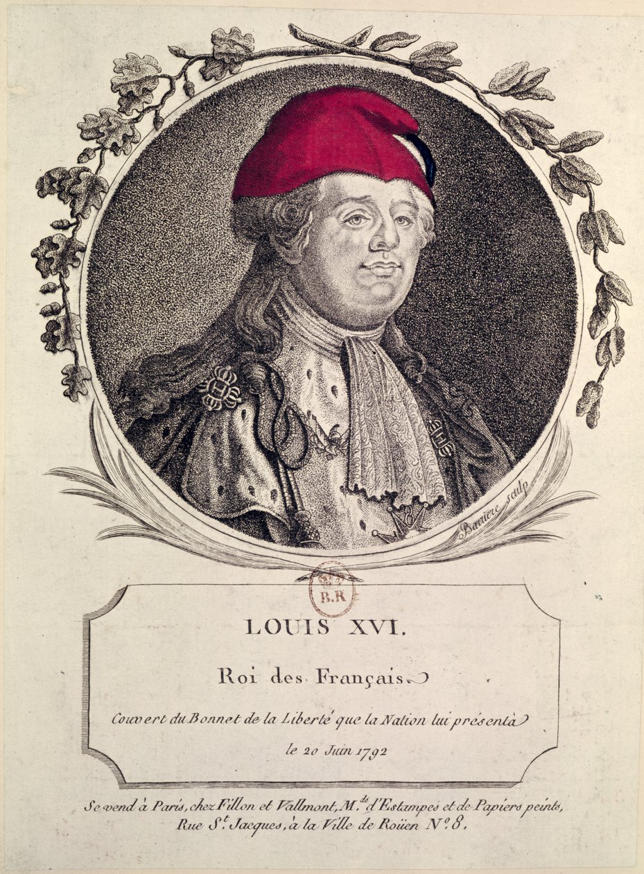 Ludvig XVI (1754-93) bär en frygisk huva som presenterades för honom av nationen, 20 juni 1792 av French School