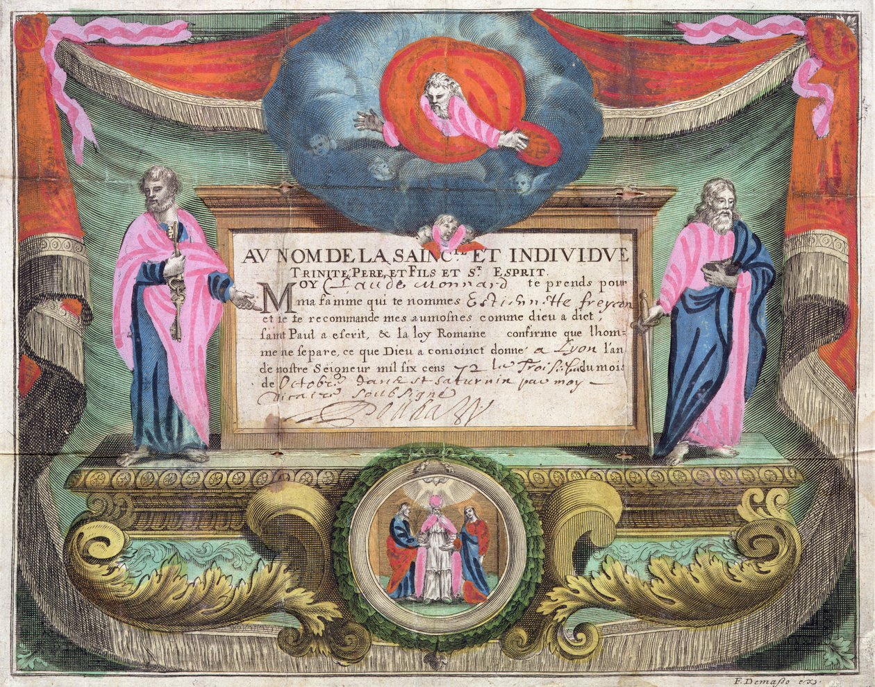 Vigselbevis för Claude Monnard utfärdat i Lyon 1672 av French School