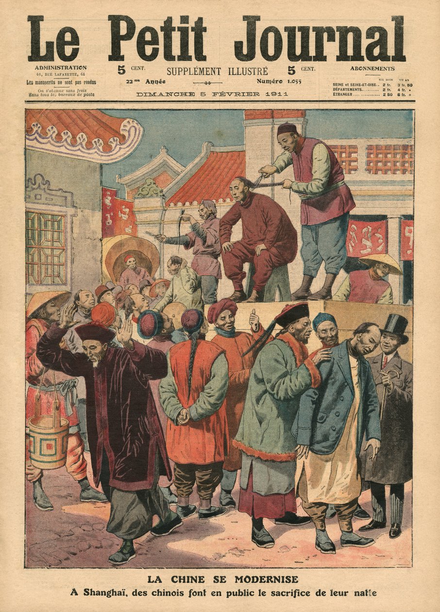 Modernisering av Kina, kineser får sin pigtail avskuren i Shanghai, illustration från 