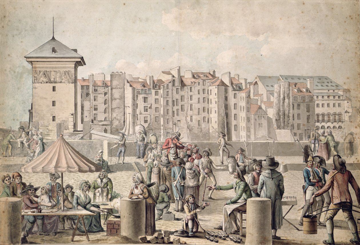 Mountebanks och Promenaders på Pont au Change, Paris c.1790 av French School
