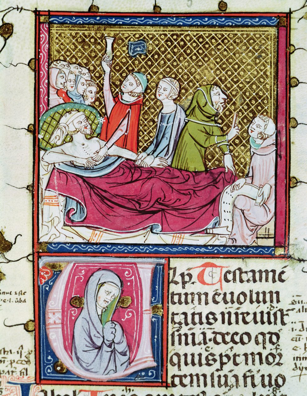 Ms 3076 fol.56r Döende man omgiven av läkare och familj, dikterar hans testamente, från 