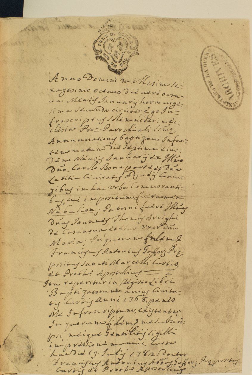 Napoleons fødselsattest, 1769 swed av French School