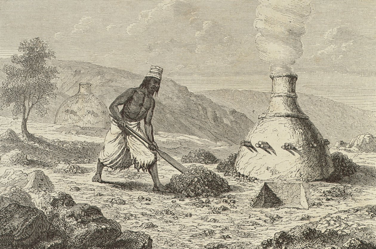 Inhemsk smältning av järnmalm i Fouta Djallon, Guinea, 1850-talet, från `Le Tour du Monde