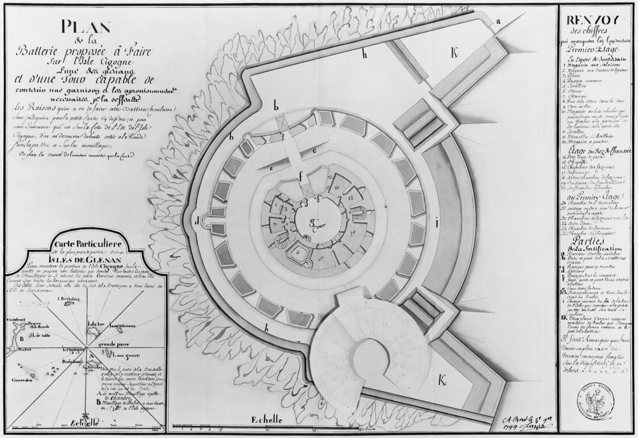 Plan över projektet för ett batteri på Ile Cigogne och karta över Glenan Islands, 1745 (penna och wc på papper) av French School