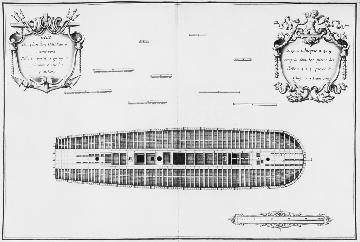 Plan över ett fartygs andra däck, illustration från "Atlas de Colbert", plansch 27 (blyerts och wc på papper) av French School