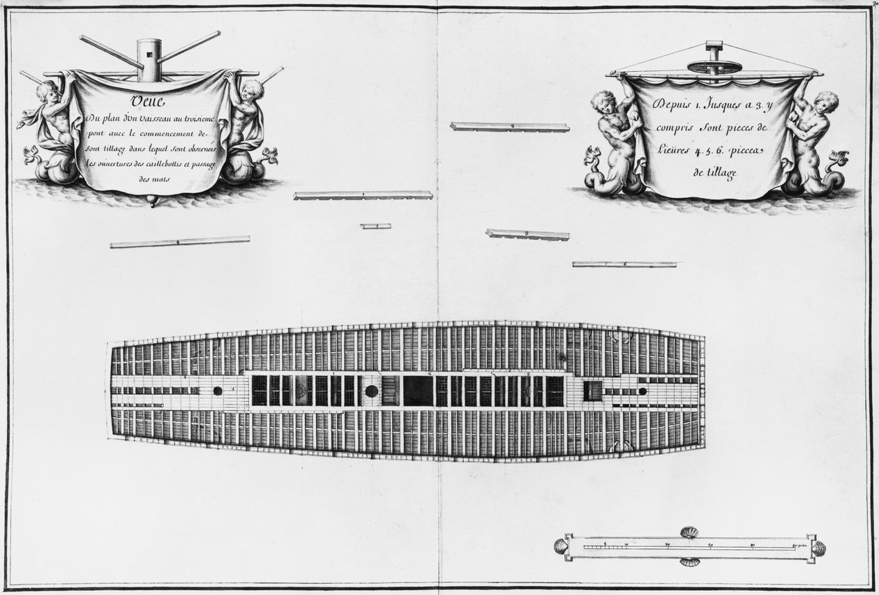 Plan över det tredje däcket på ett fartyg, illustration från 