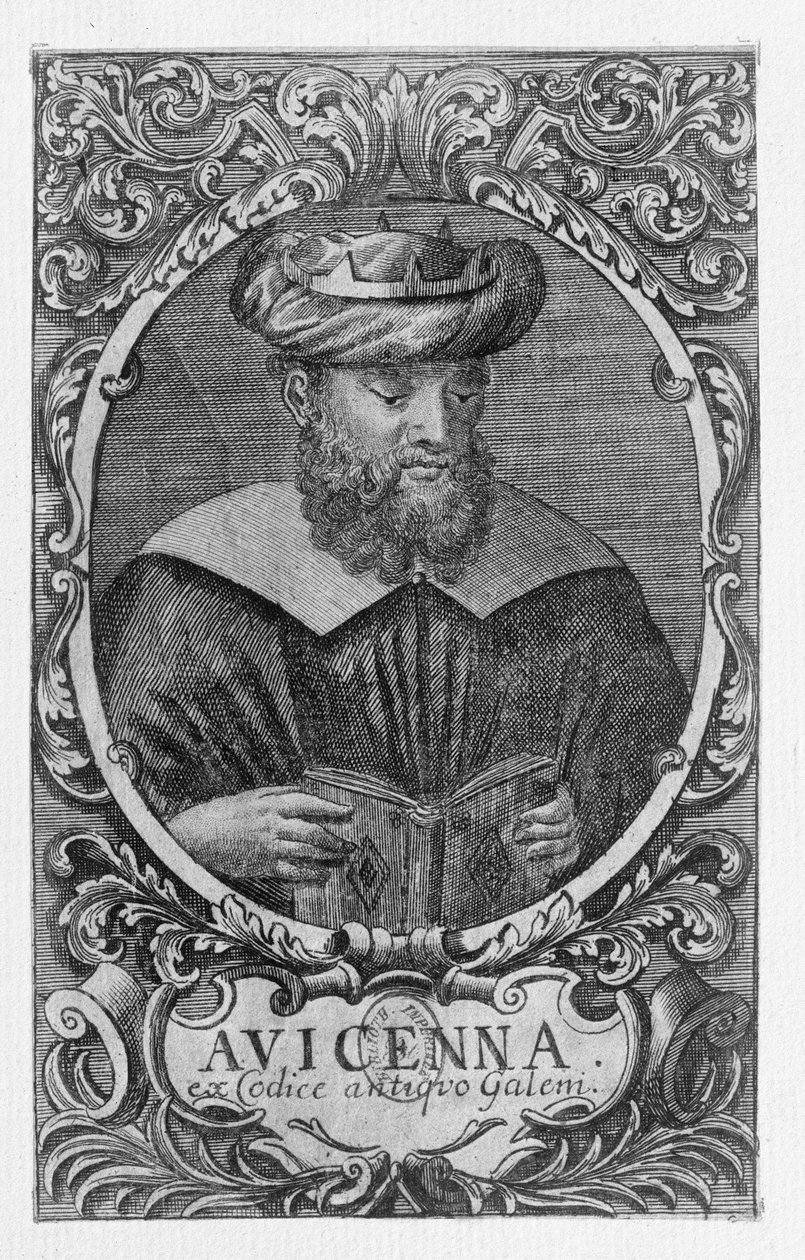 Porträtt av Avicenna (Ibn Sina) (980-1037) Läsning av French School
