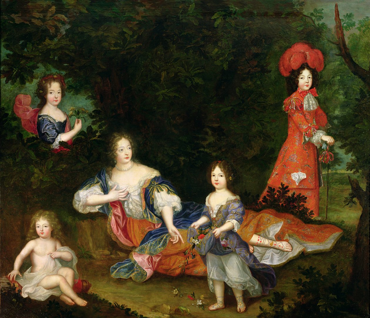 Porträtt av Francoise-Athenais de Rochechouart-Mortemart (1641-1707) Marquise de Montespan, omgiven av sina legitimerade barn av French School