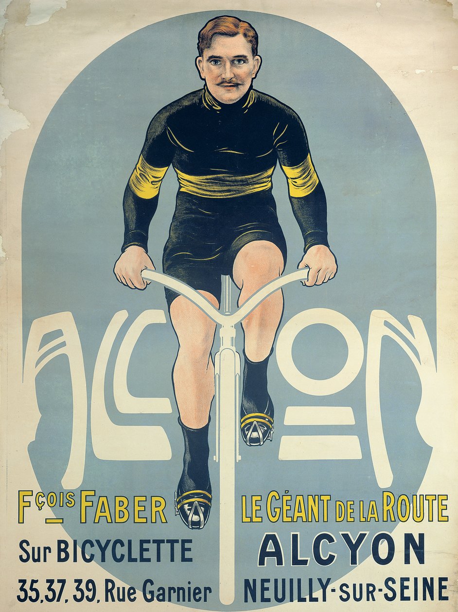 Affisch föreställande Francois Faber (d.1915) på sin Alcyon-cykel av French School