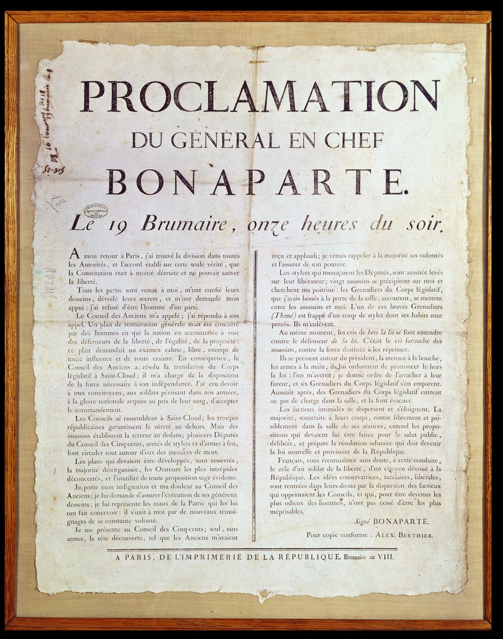 Tillkännagivande av Napoleon I (1769-1821) 19 Brumaire An 8 (10 november 1799) av French School