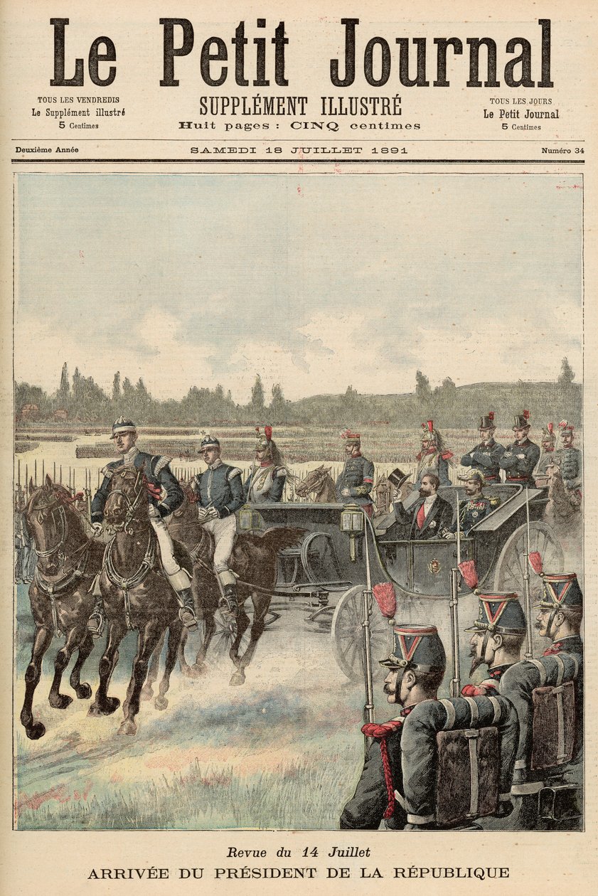 Recension av trupperna, 14 juli: Republikens presidents ankomst, från "Le Petit Journal", 18 juli 1891 av French School