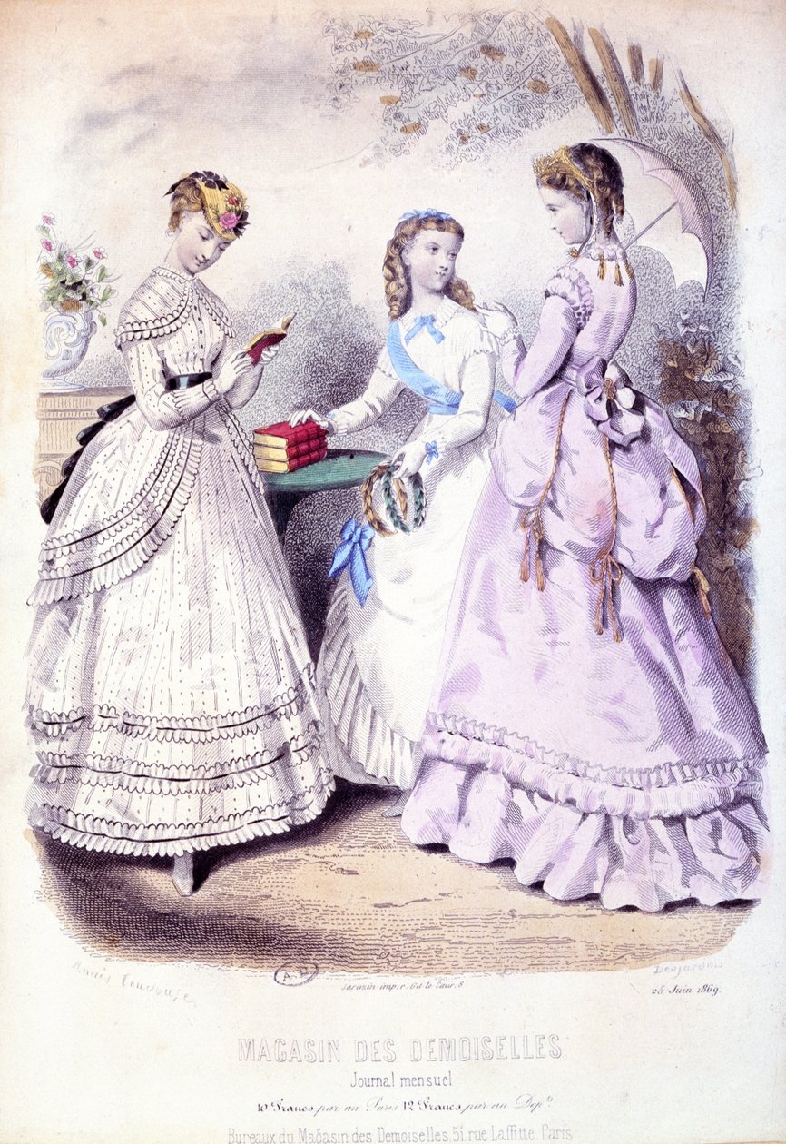Skolflickor efter prisutdelningen, modeskylt som reklamerar Magasin des Demoiselles, 1869 av French School