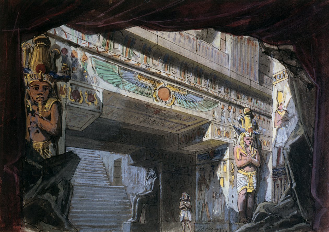 Scenografi till "Trollflöjten" av Mozart (1756-91) av French School