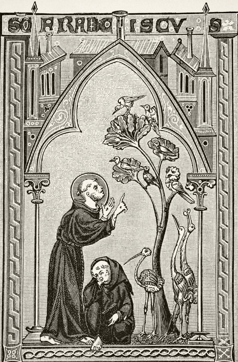 St Francis av Assisi talar med fåglarna, från "Science and Literature in the Middle Ages" av Paul Lacroix (1806-84) publicerad London 1878 av French School