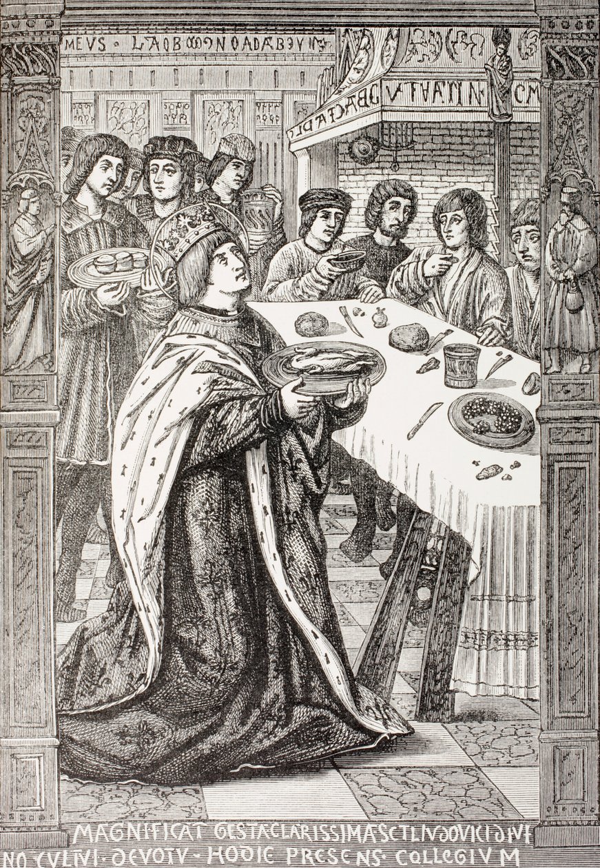 Sankt Ludvig serverar en måltid till de fattiga, från "Military and Religious Life in the Middle Ages" av Paul Lacroix, utgiven i London omkring 1880. av French School