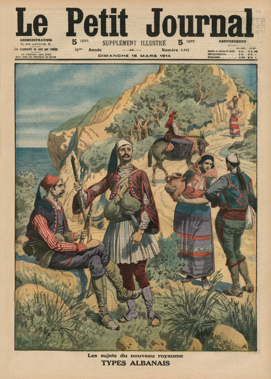 Ämnen i det nya riket, albanska typer, illustration på framsidan av omslaget från "Le Petit Journal", supplement illustre, 15 mars 1914. av French School