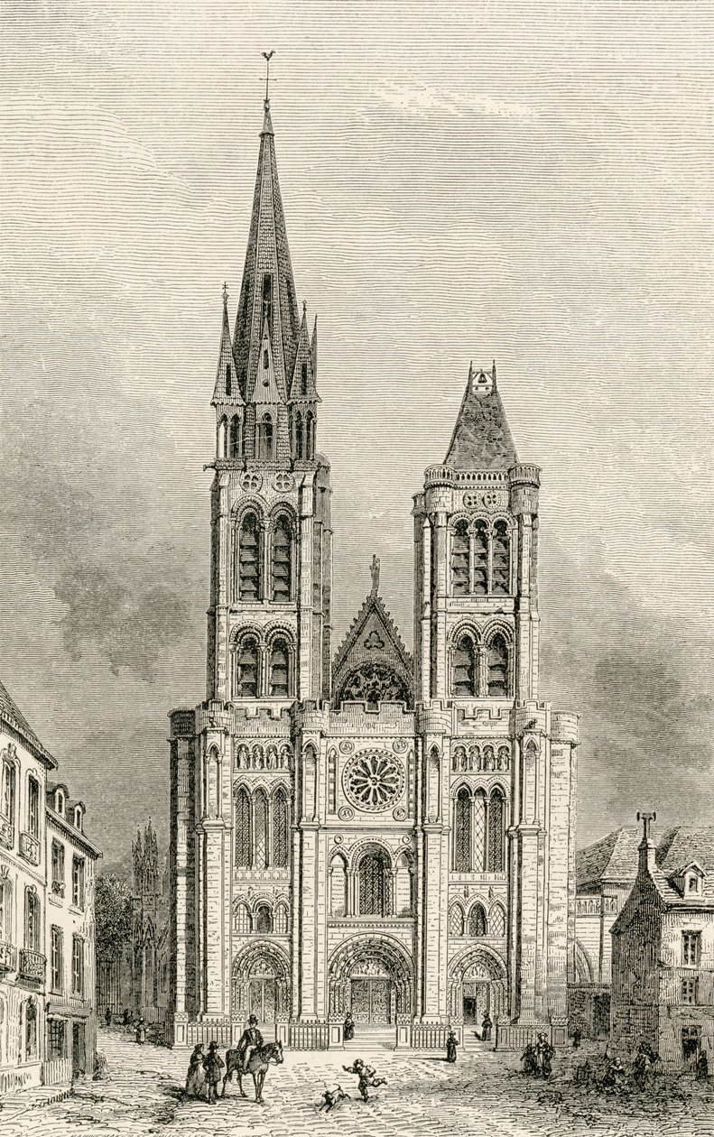 Saint Denis-katedralen, med det norra tornet före rivningen, från "French Pictures" av pastor Samuel G. Green, publicerad 1878 av French School