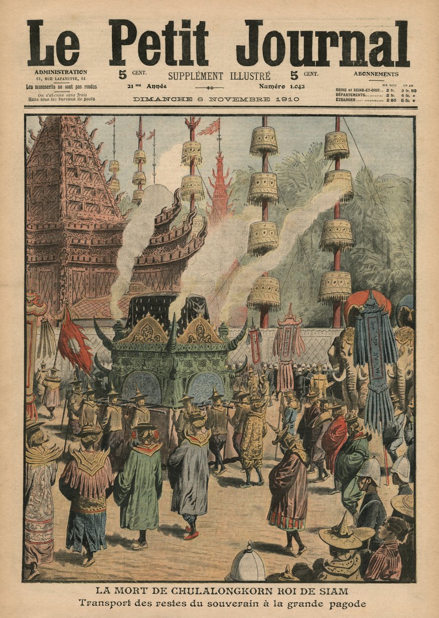 Chulalongkorns död, kung av Siam, illustration från 