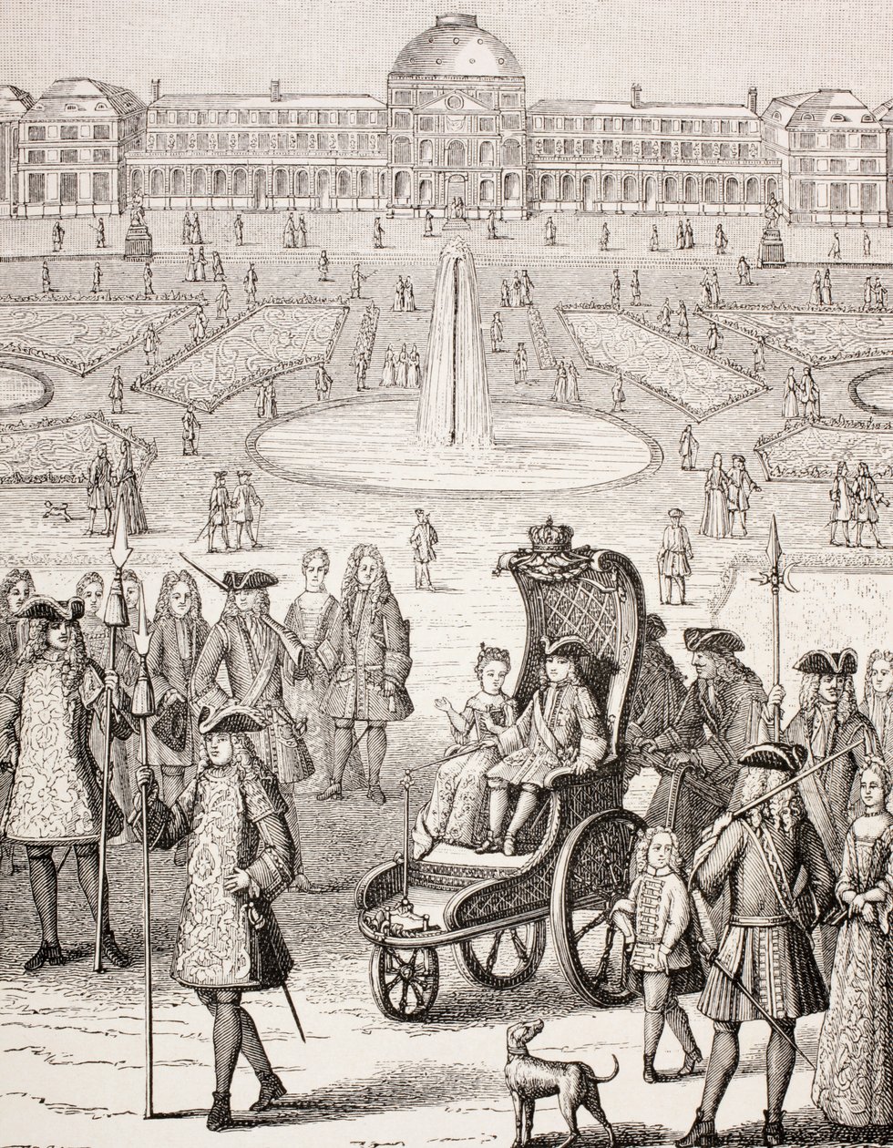 Den unge kung Ludvig XV promenerar i en vagn i Tuilerieträdgården i Paris, från "XVIII Siecle Institutions, Usages et Costumes", publicerad 1875. av French School