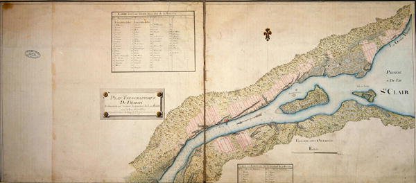 Topografisk karta över Detroit, 1796 (penna & bläck och wc på papper) av French School