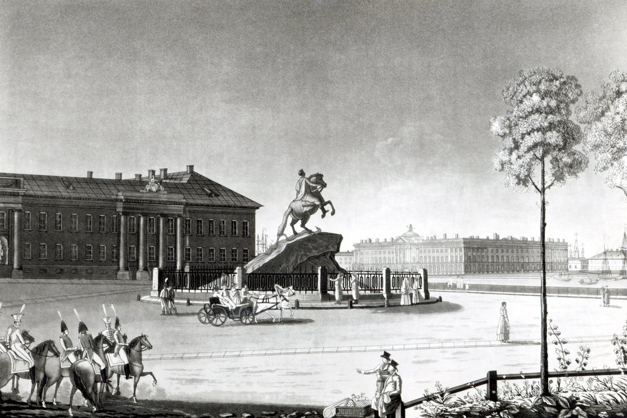 Vy över statyn av Peter den store på Senatstorget, St.Petersburg av French School