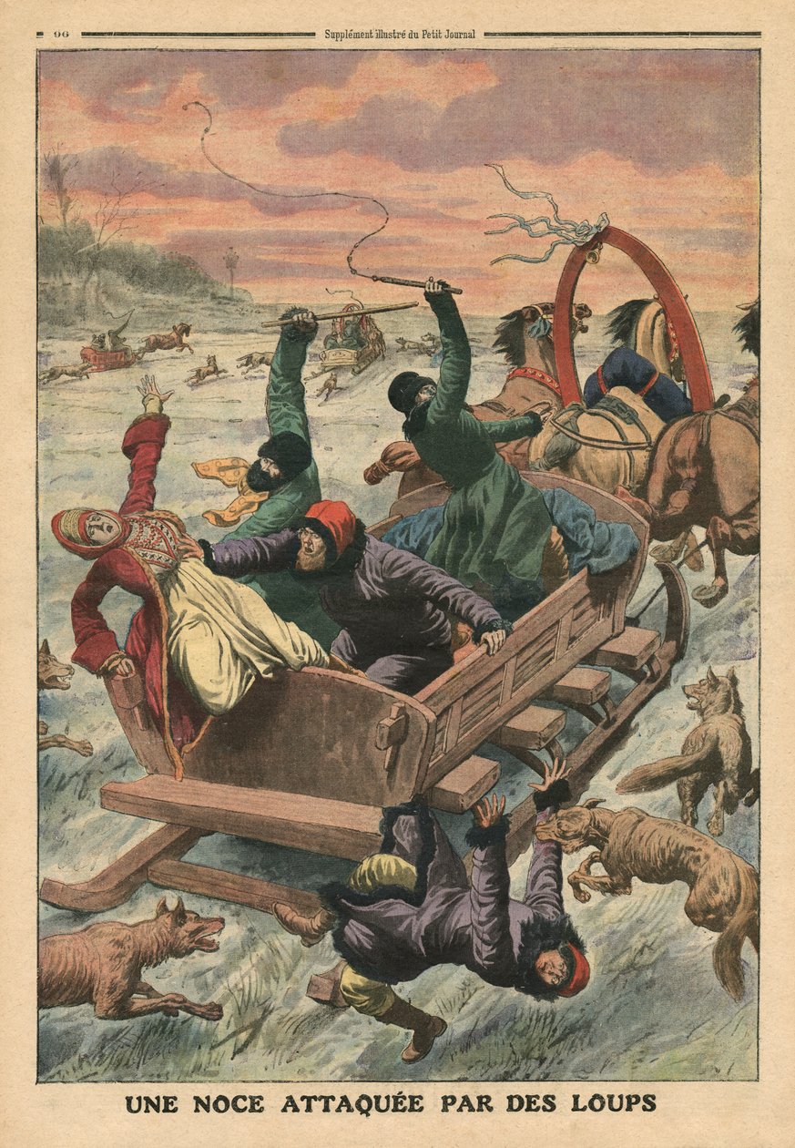 Bröllopsfest attackerad av vargar, illustration från "Le Petit Journal", 19 mars 1911. av French School
