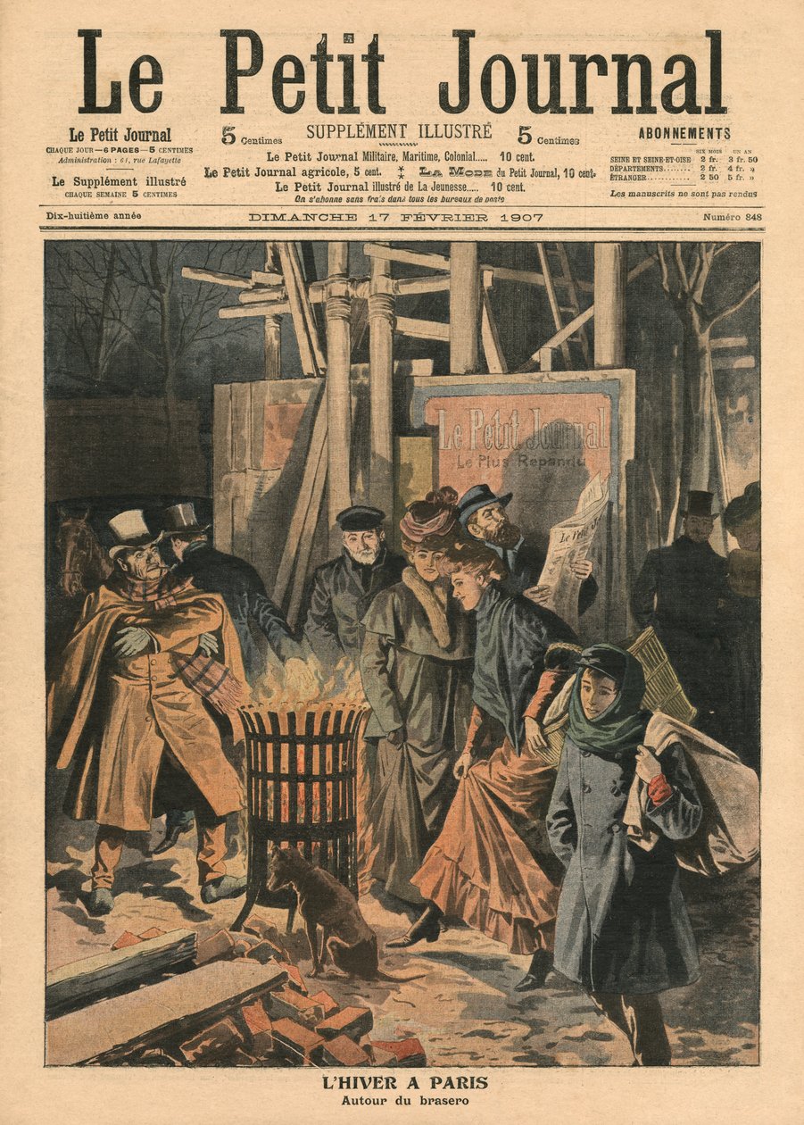 Vinter i Paris, runt eldfatet, illustration från 