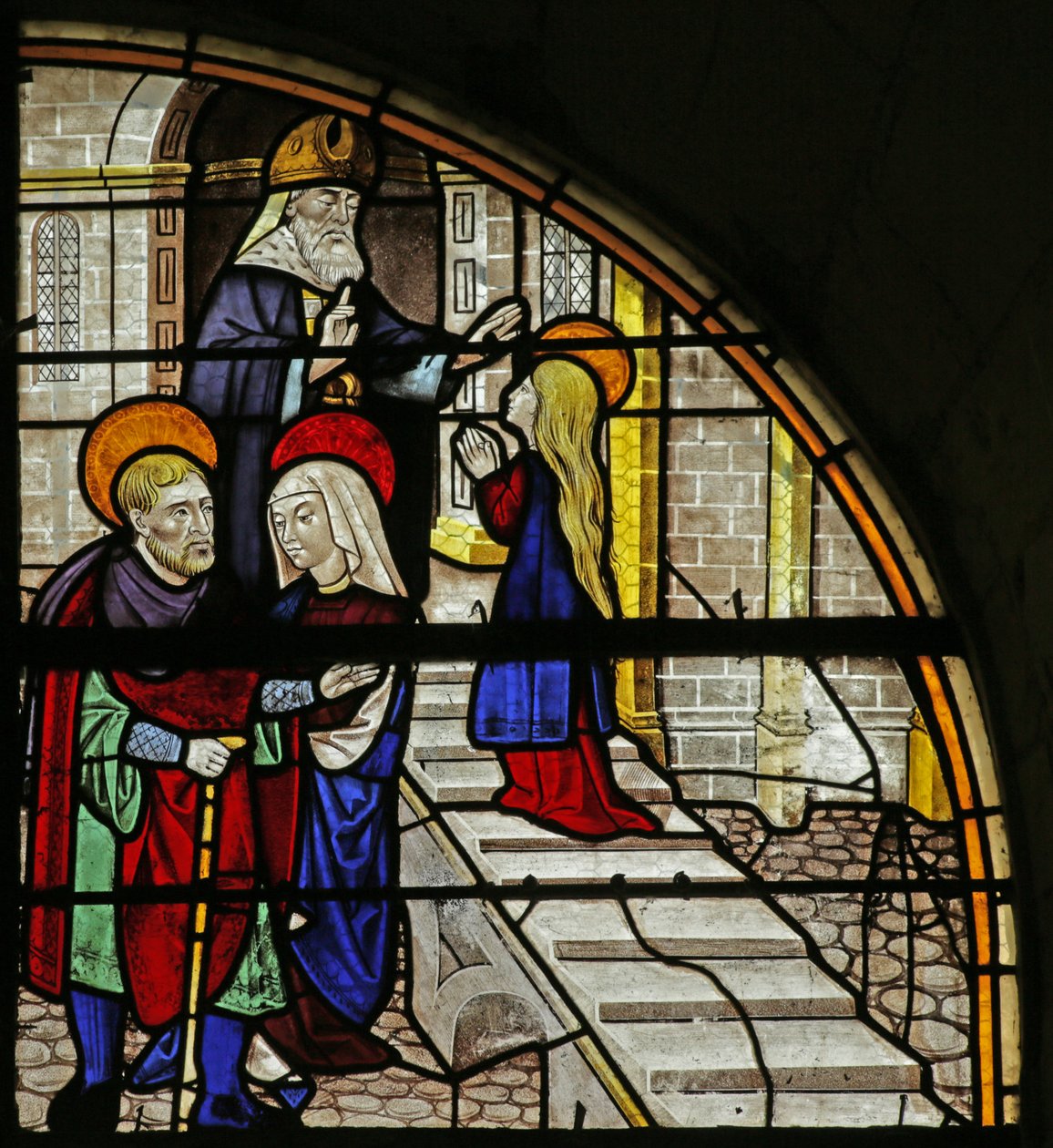 Fönster som visar Jungfru Marias berättelse: Presentation in Temple, 1500-1900-talet (mestadels modernt) av French School