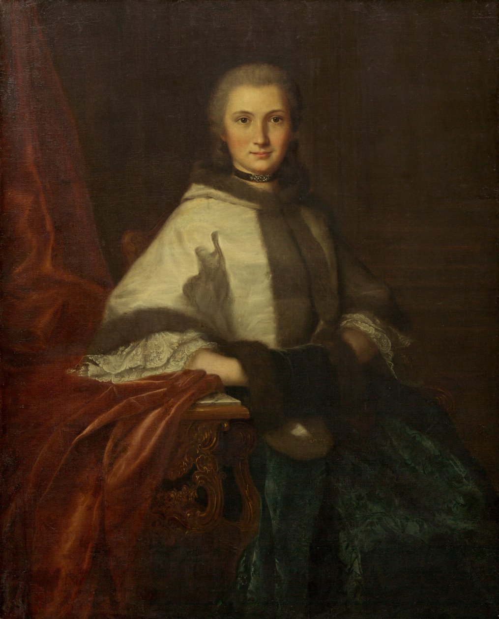Ung kvinna med en muff av French 18th Century