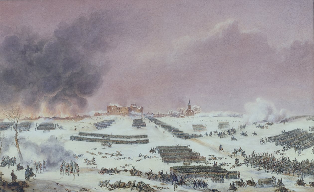 Slaget vid Eylau, 1807 (färgad akvatint) av French School