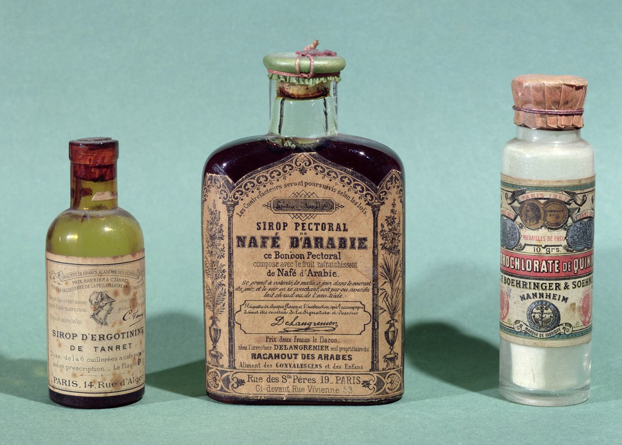 Flaskor med farmaceutisk medicin (glas) av French School