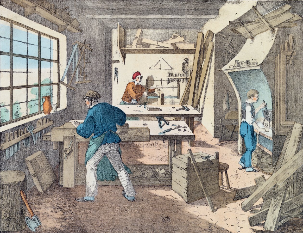 Snickarverkstad, c.1860 av French School
