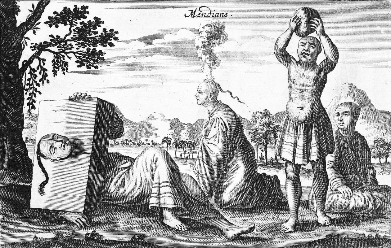 Kinesiska mendianer utför självförvållade handlingar, 1664 av French School