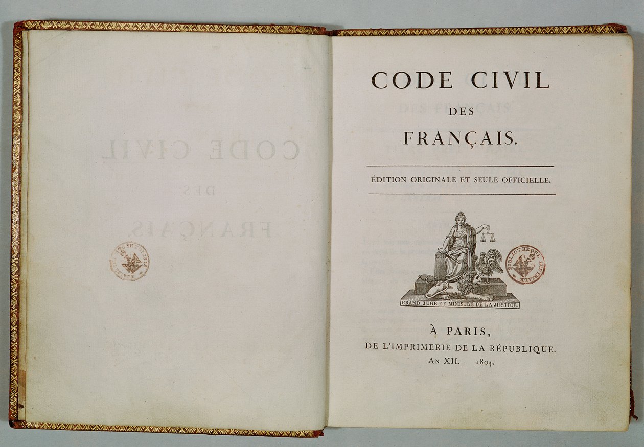 Code Civil, öppen på titelbladet, 1804 av French School