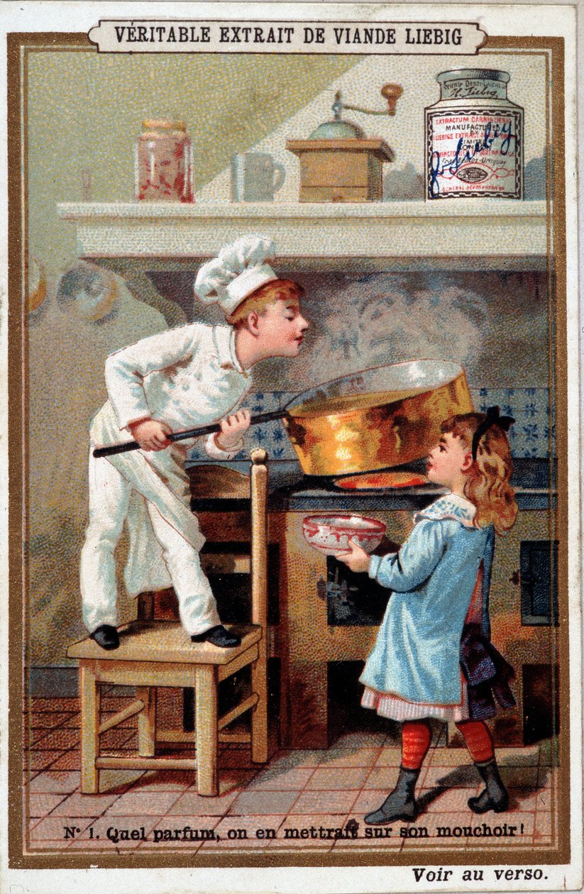 Laga mat i hans ugn - chromo. Liébig av French School
