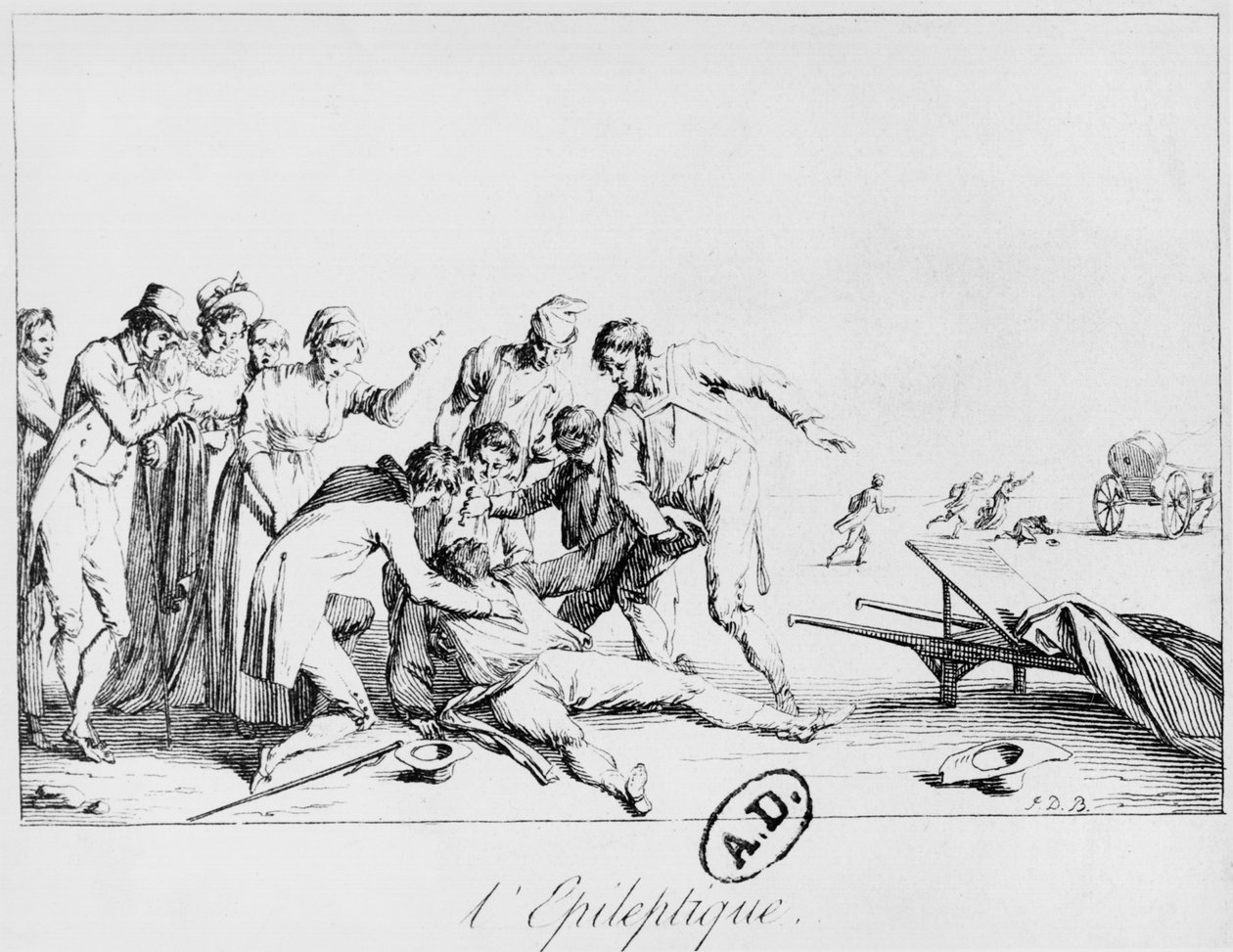 Epileptisk attack på gatan, ca 1800 av French School