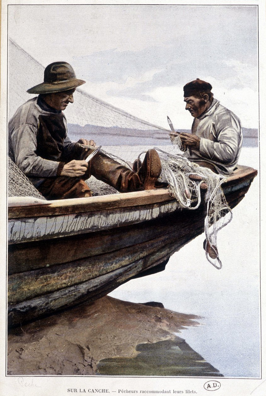 Fiskare rodda nät ombord, v. 1895 av French School