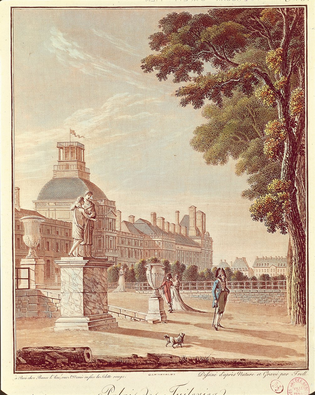 Frankrike, Paris, Tuileriepalatset, gravyr av French School