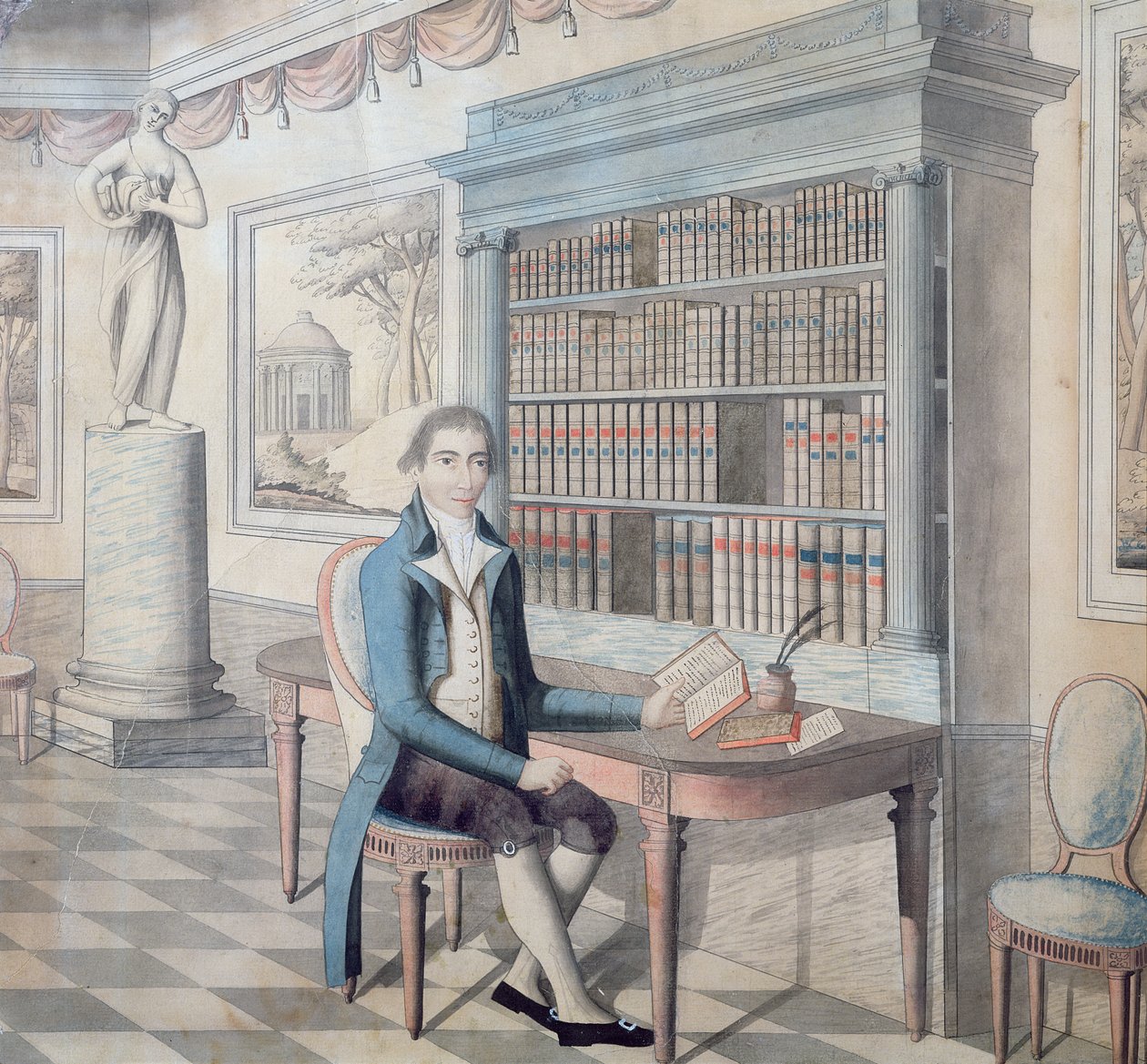 Gentleman läser i sitt bibliotek av French School