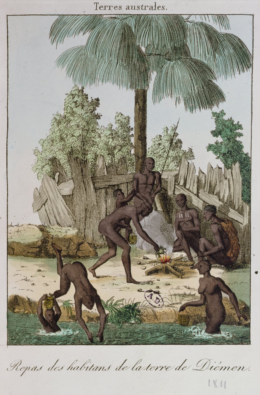 Invånare i Diemen förbereder en måltid, 1811 av French School
