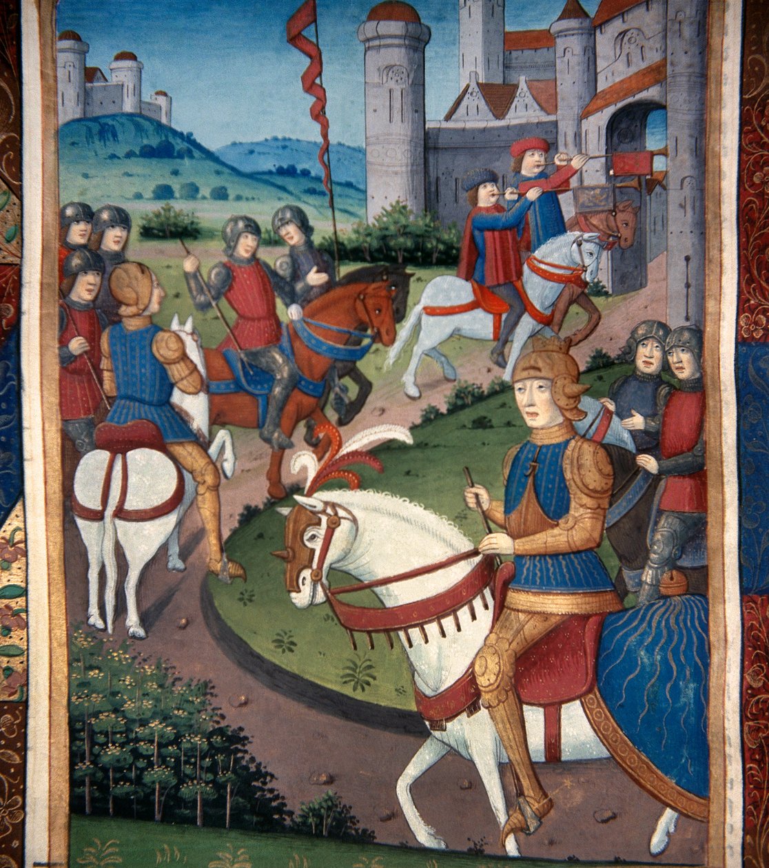 Lancelot anländer till en fransk by (vellum) av French School