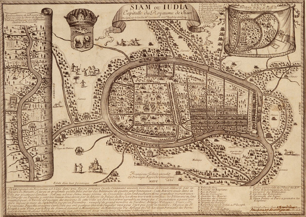Karta över Ayutthaya, 1686 (bläck på papper) av French School