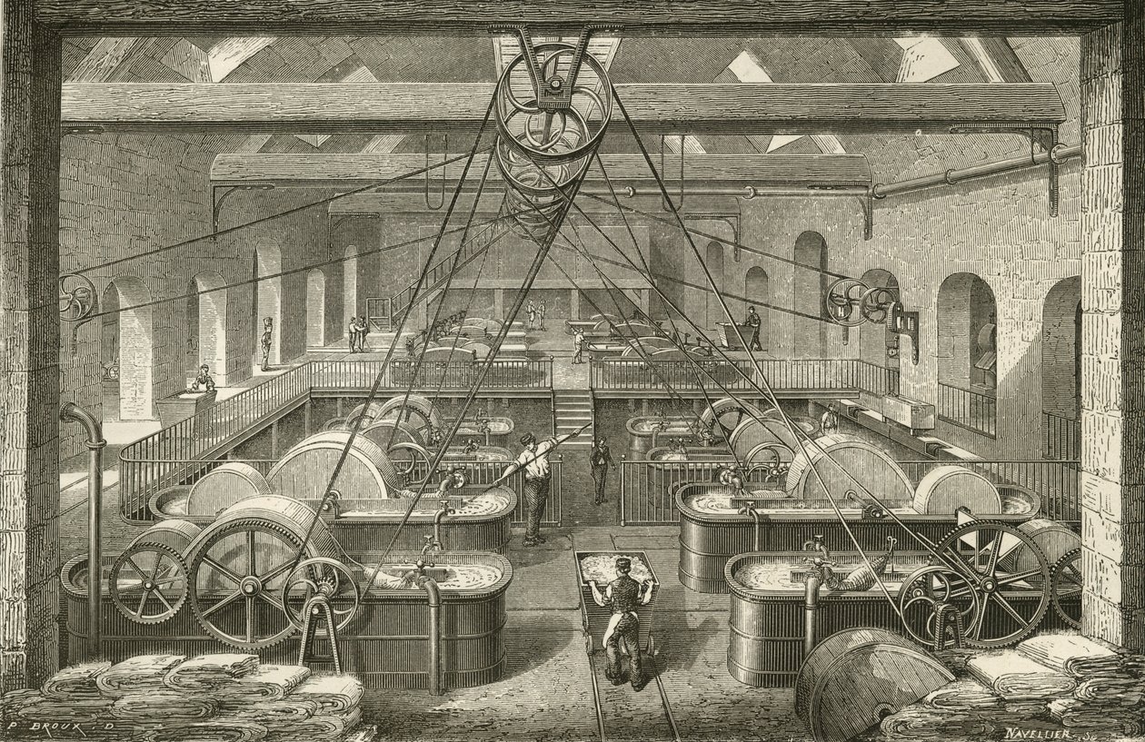 Papperstillverkning: blekning av trasmassa. Gravyr c1870. av French School