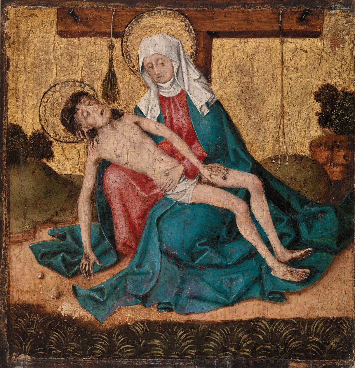 Pieta (tempera och bladguld på panel) av French School