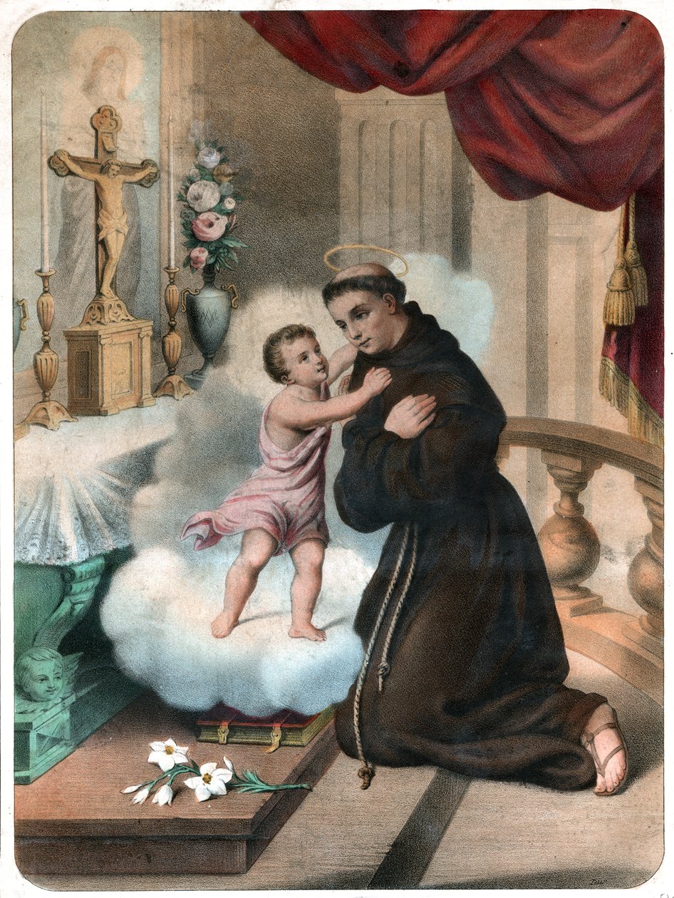 Sankt Antonius av Padua. (Litografi, ca 1850) av French School