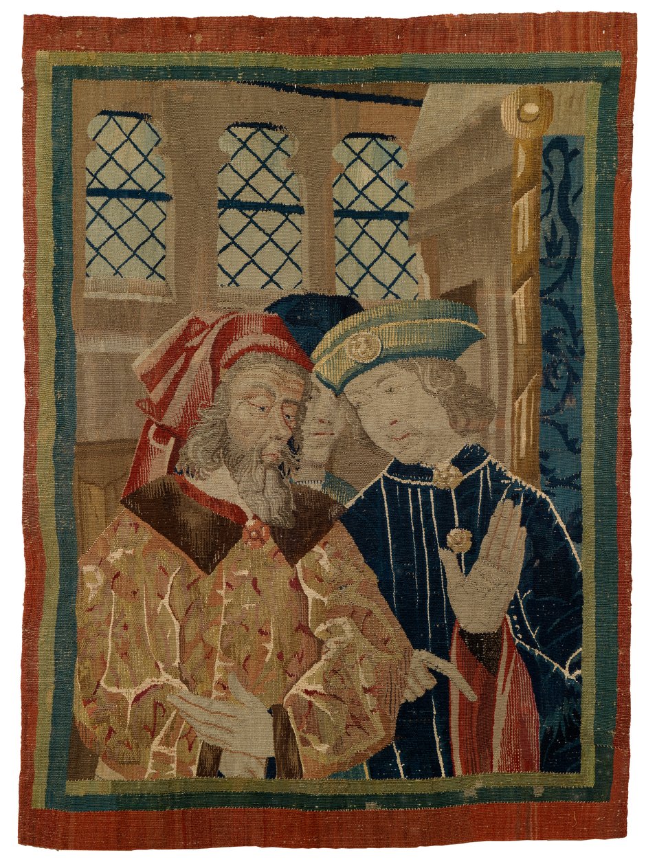 Gobelängfragment föreställande tre figurer av French School