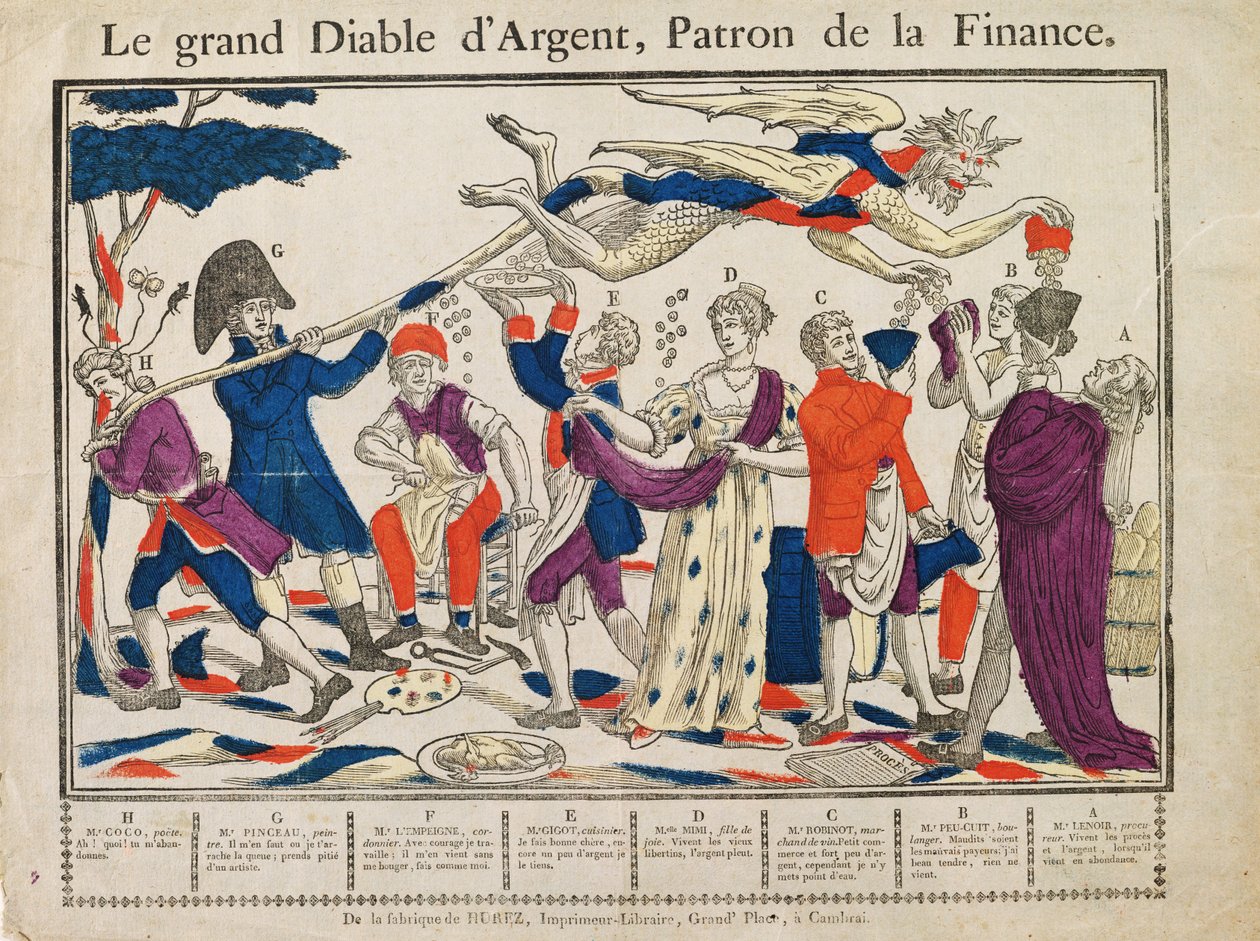 The Great Money Devil (färgad gravyr) av French School