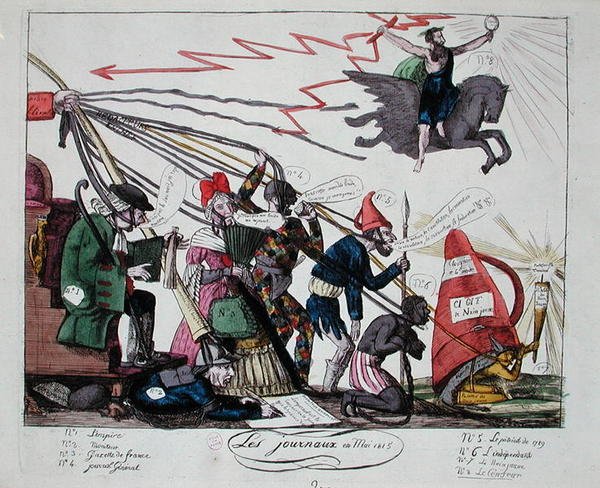 Tidningarna i maj 1815 (färgad gravyr) av French School