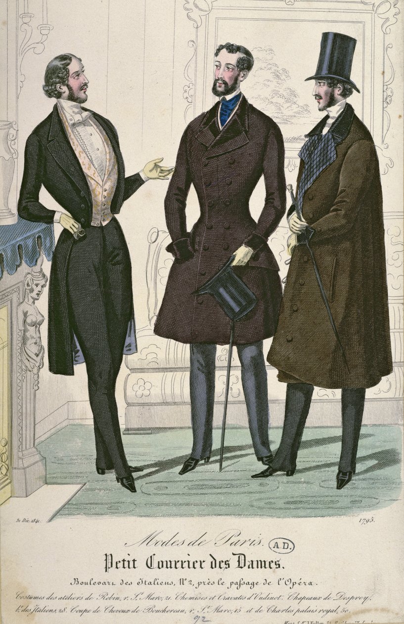 Three Elegant Young Men, 1841 (färggravyr) av French School